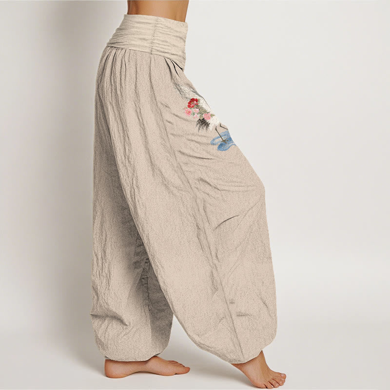 Nimara Ritual Pure Cotton Elegant Crane Flower Cloud Pattern Women's Elastic Waist Harem Pants
