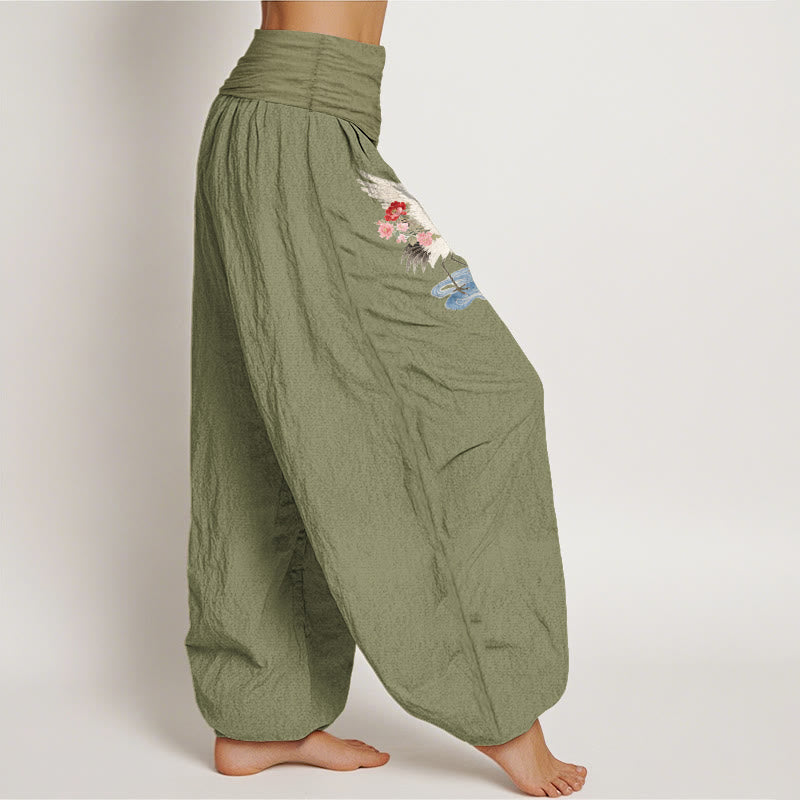 Nimara Ritual Pure Cotton Elegant Crane Flower Cloud Pattern Women's Elastic Waist Harem Pants