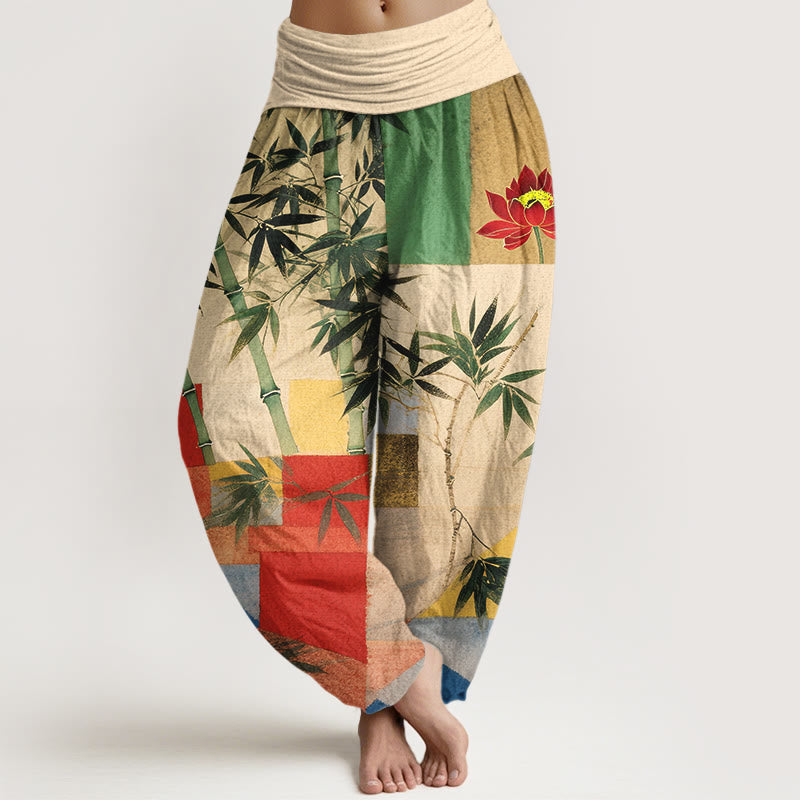 Nimara Ritual Cotton Colorful Bamboo Lotus Geometric Shapes Pattern Women's Elastic Waist Harem Pants