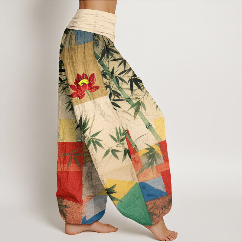 Nimara Ritual Cotton Colorful Bamboo Lotus Geometric Shapes Pattern Women's Elastic Waist Harem Pants