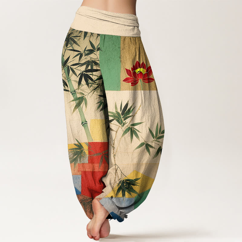 Nimara Ritual Cotton Colorful Bamboo Lotus Geometric Shapes Pattern Women's Elastic Waist Harem Pants