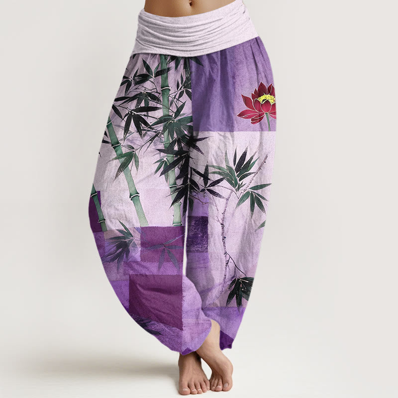 Nimara Ritual Cotton Colorful Bamboo Lotus Geometric Shapes Pattern Women's Elastic Waist Harem Pants
