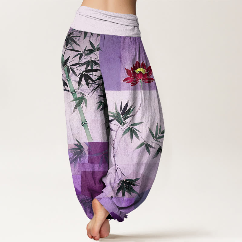 Nimara Ritual Cotton Colorful Bamboo Lotus Geometric Shapes Pattern Women's Elastic Waist Harem Pants
