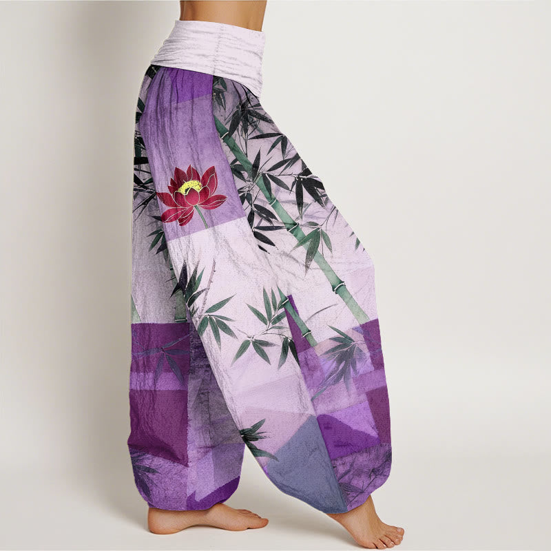 Nimara Ritual Cotton Colorful Bamboo Lotus Geometric Shapes Pattern Women's Elastic Waist Harem Pants