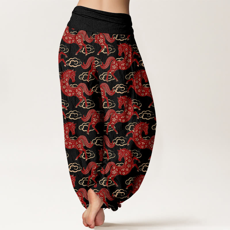 Nimara Ritual Cotton Gorgeous Horse Cloud Pattern Women's Elastic Waist Harem Pants