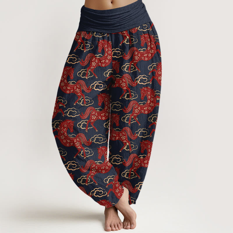 Nimara Ritual Cotton Gorgeous Horse Cloud Pattern Women's Elastic Waist Harem Pants