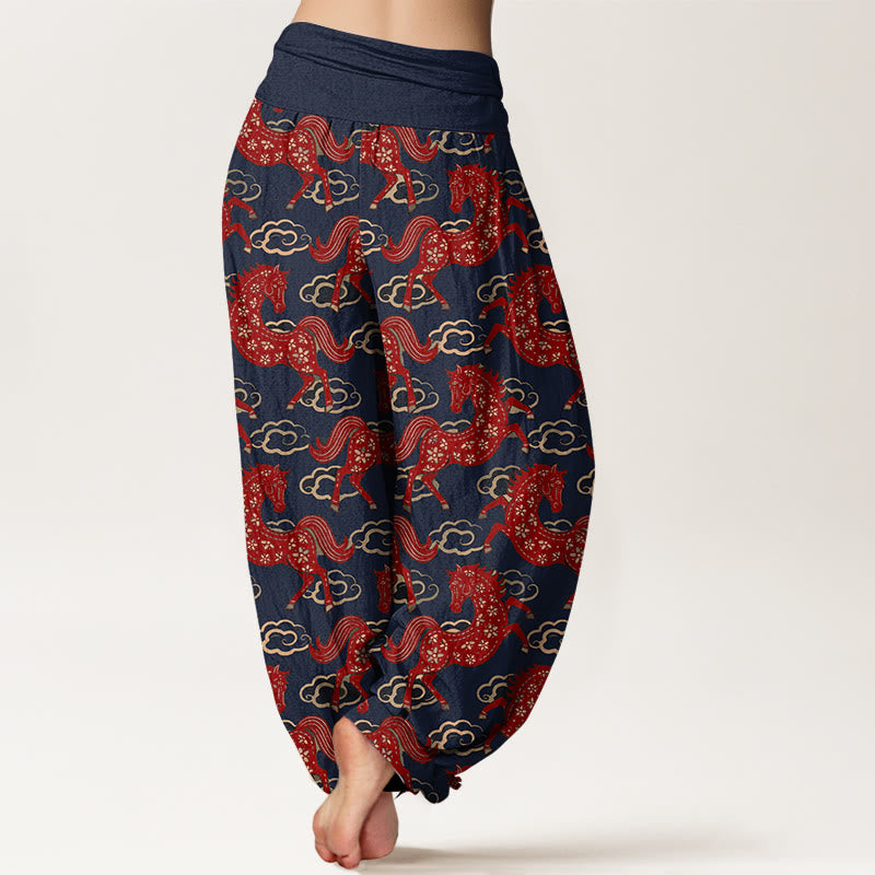 Nimara Ritual Cotton Gorgeous Horse Cloud Pattern Women's Elastic Waist Harem Pants