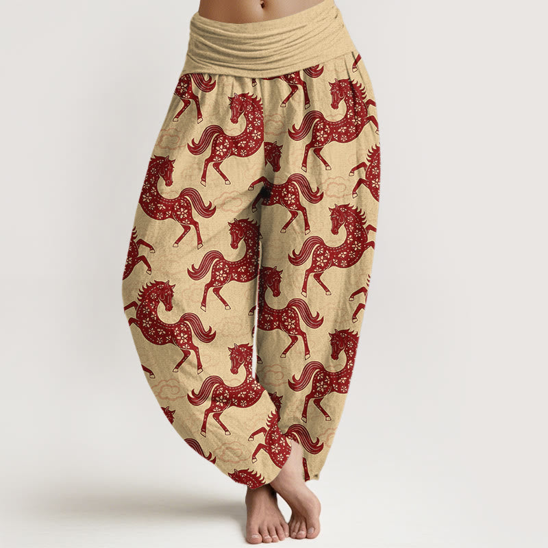 Nimara Ritual Cotton Gorgeous Horse Cloud Pattern Women's Elastic Waist Harem Pants