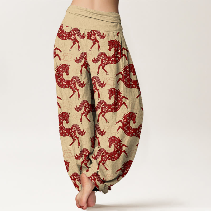 Nimara Ritual Cotton Gorgeous Horse Cloud Pattern Women's Elastic Waist Harem Pants