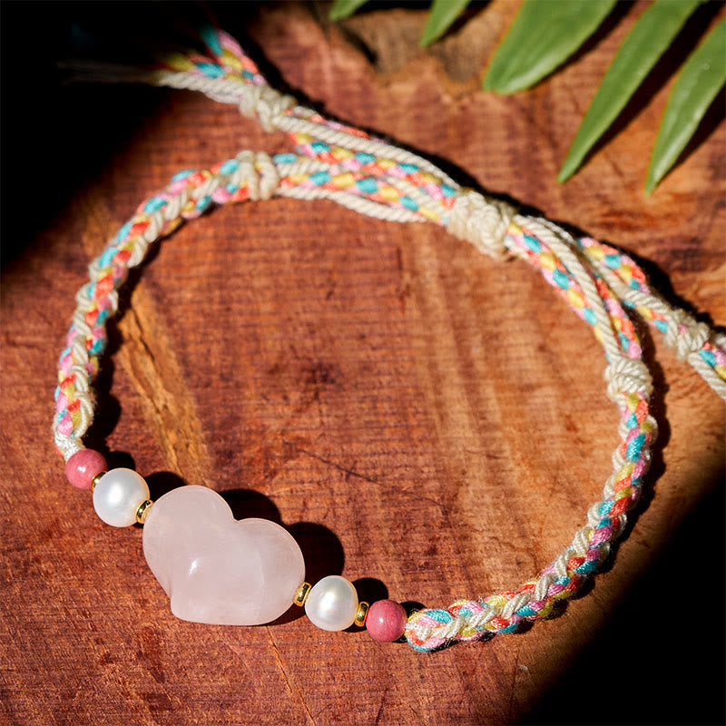 Nimara Ritual Heart Design Pink Crystal Braided Rope Warmth Love Bracelet