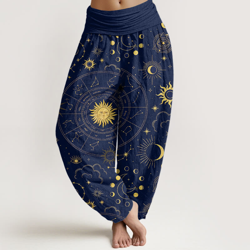 Nimara Ritual Cotton Gorgeous Sun Moon Star Constellation Cloud Pattern Women's Elastic Waist Harem Pants