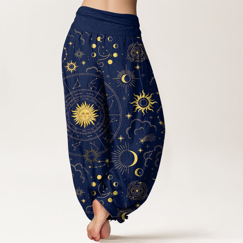 Nimara Ritual Cotton Gorgeous Sun Moon Star Constellation Cloud Pattern Women's Elastic Waist Harem Pants