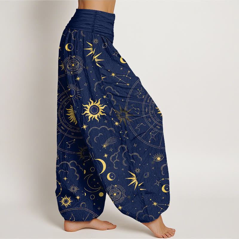 Nimara Ritual Cotton Gorgeous Sun Moon Star Constellation Cloud Pattern Women's Elastic Waist Harem Pants