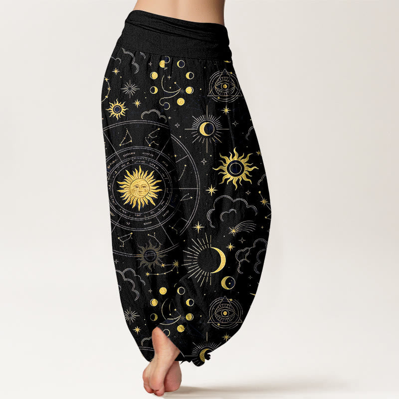 Nimara Ritual Cotton Gorgeous Sun Moon Star Constellation Cloud Pattern Women's Elastic Waist Harem Pants