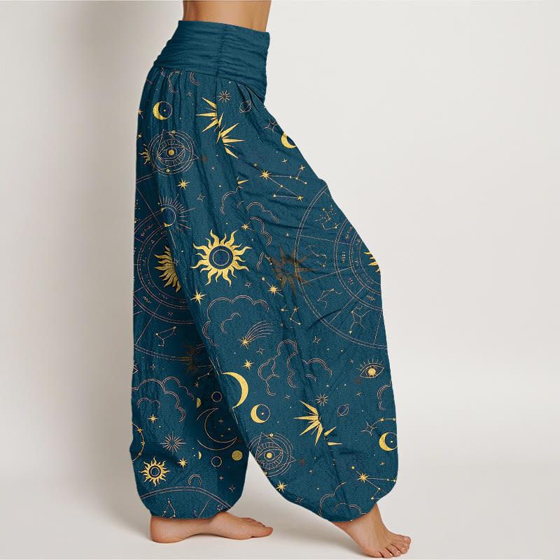 Nimara Ritual Cotton Gorgeous Sun Moon Star Constellation Cloud Pattern Women's Elastic Waist Harem Pants