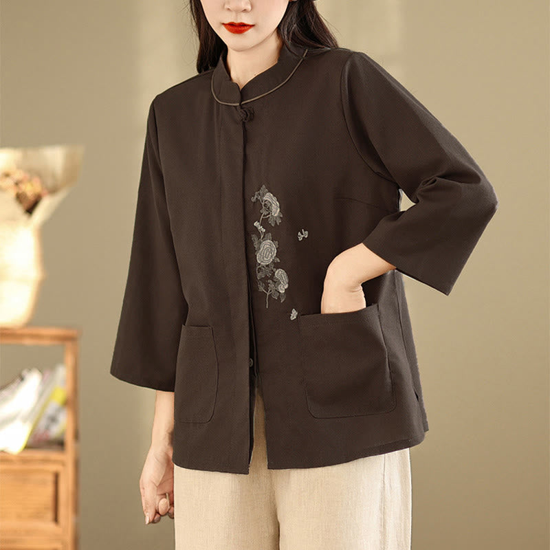 Nimara Ritual Commute Embroidery Floral Pattern Three Quarter Sleeve Women's Cotton Shirt With Pockets