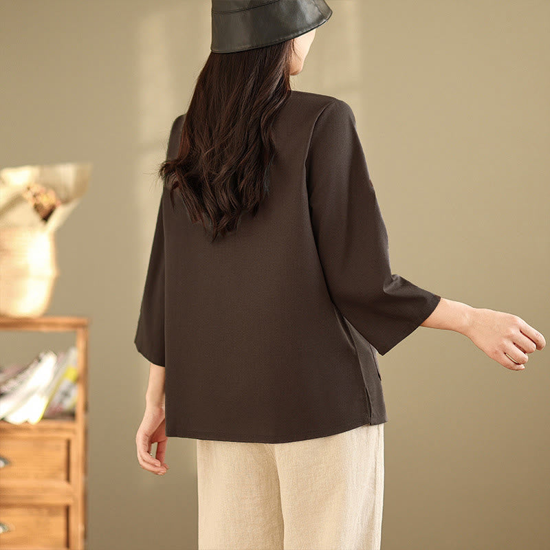 Nimara Ritual Commute Embroidery Floral Pattern Three Quarter Sleeve Women's Cotton Shirt With Pockets