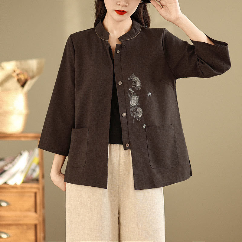Nimara Ritual Commute Embroidery Floral Pattern Three Quarter Sleeve Women's Cotton Shirt With Pockets