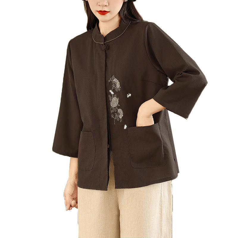 Nimara Ritual Commute Embroidery Floral Pattern Three Quarter Sleeve Women's Cotton Shirt With Pockets