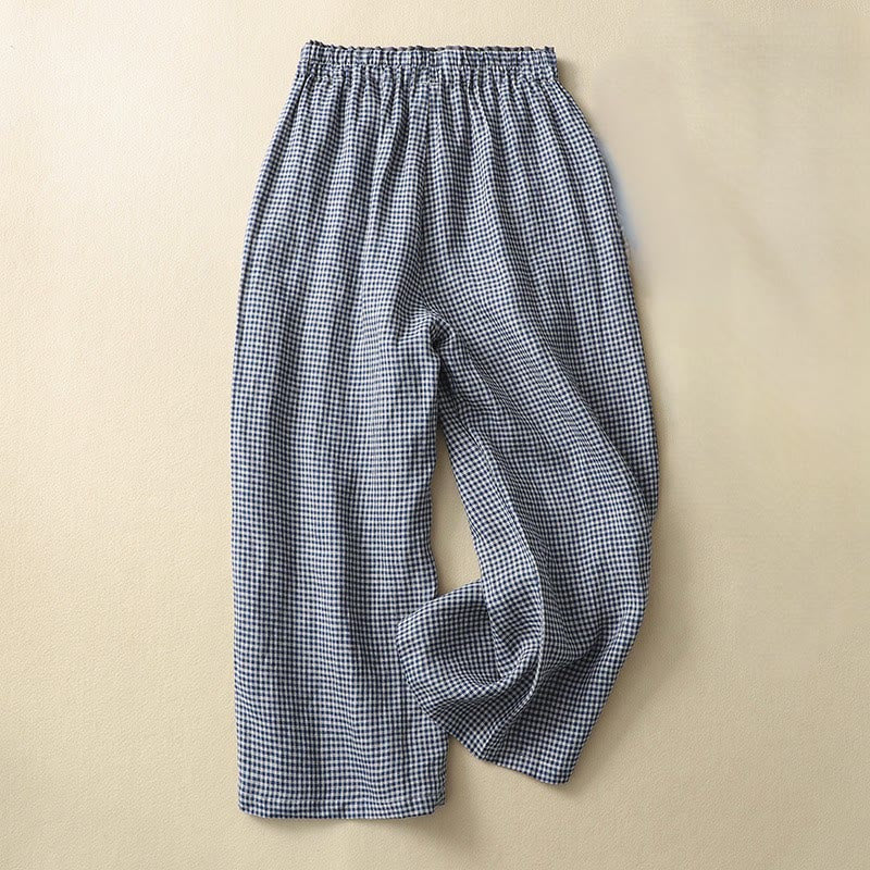 Nimara Ritual Commute Casual Checkered Pattern 7-8 Length Women's Wide Leg Cotton Linen Pants With Pockets