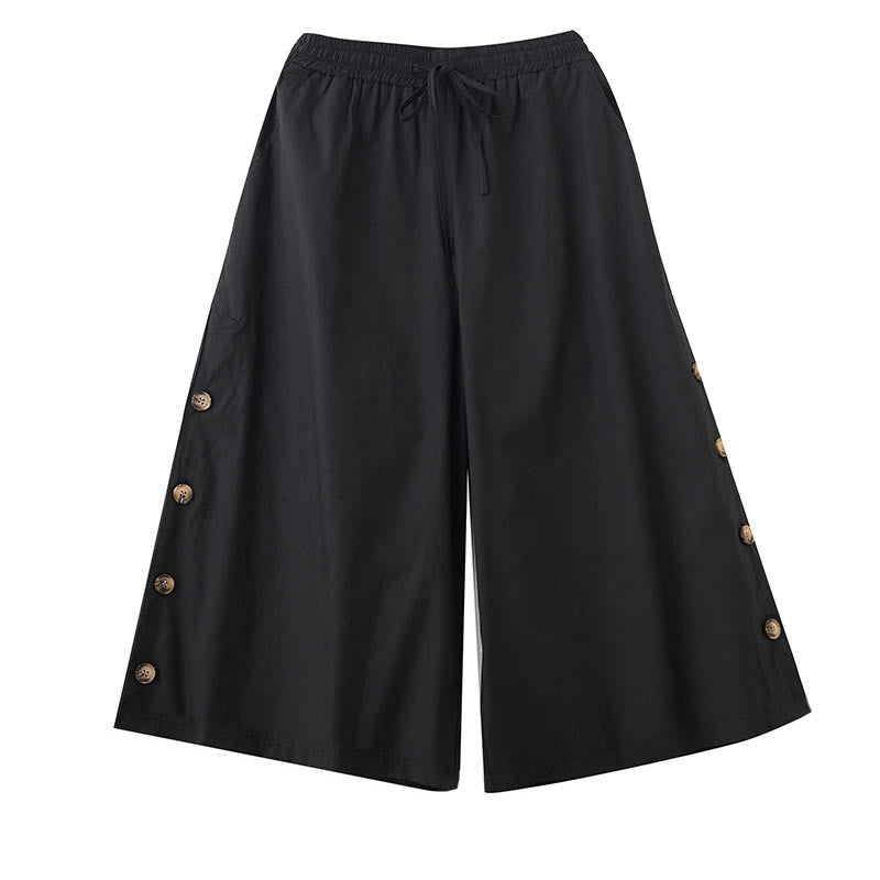 Nimara Ritual Plain Buttoned Side Design Capri Cropped Women's Wide Leg Pants With Pockets