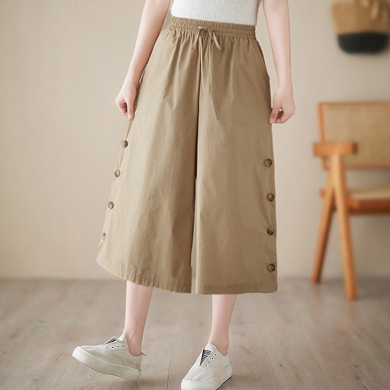 Nimara Ritual Plain Buttoned Side Design Capri Cropped Women's Wide Leg Pants With Pockets