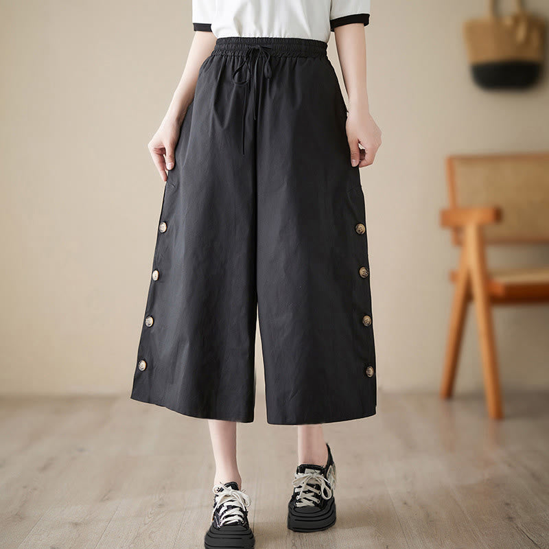 Nimara Ritual Plain Buttoned Side Design Capri Cropped Women's Wide Leg Pants With Pockets