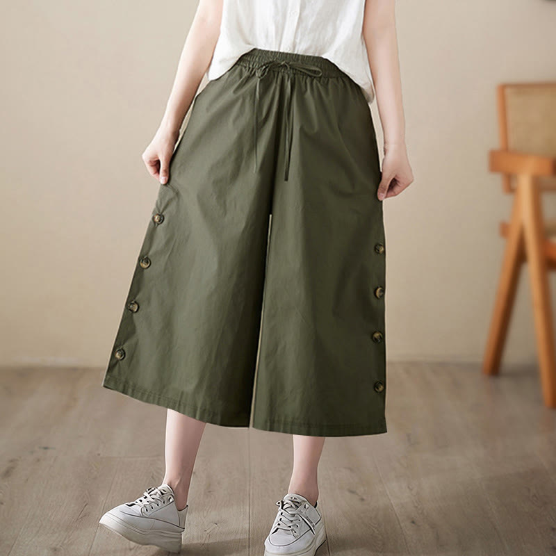 Nimara Ritual Plain Buttoned Side Design Capri Cropped Women's Wide Leg Pants With Pockets