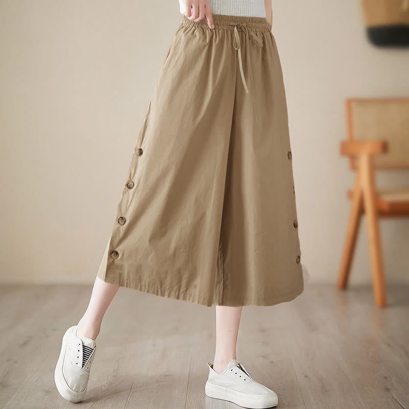 Nimara Ritual Plain Buttoned Side Design Capri Cropped Women's Wide Leg Pants With Pockets