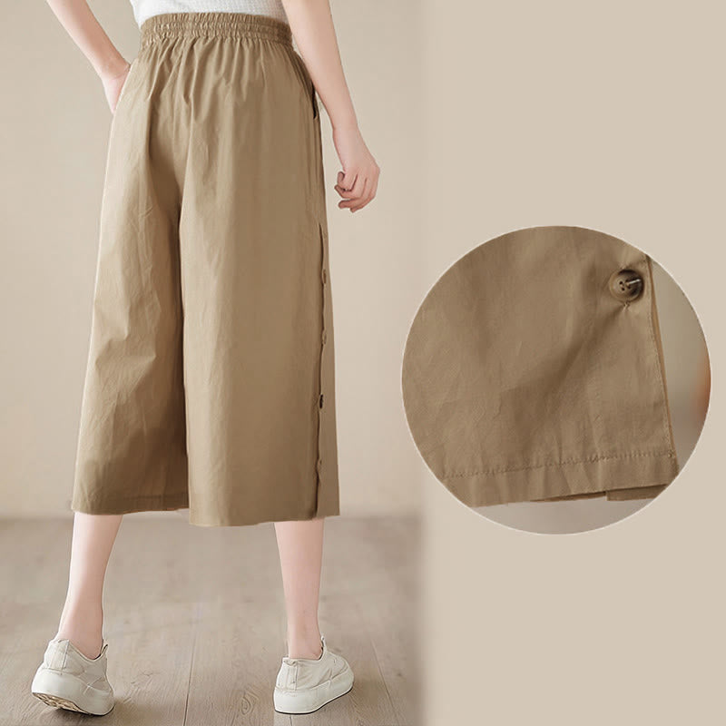 Nimara Ritual Plain Buttoned Side Design Capri Cropped Women's Wide Leg Pants With Pockets