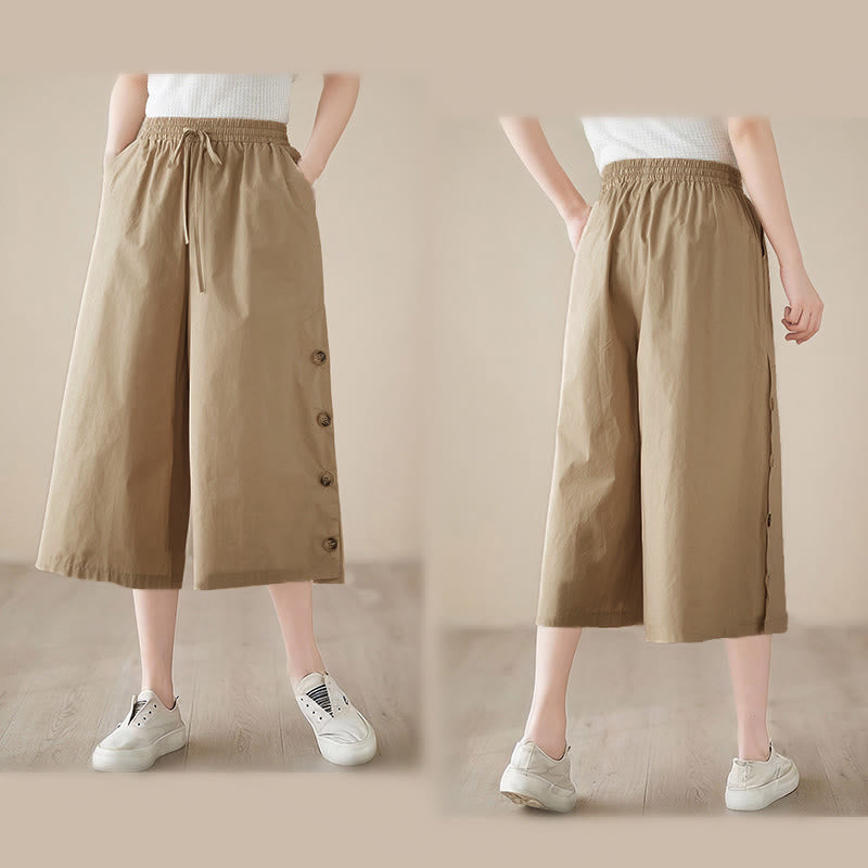 Nimara Ritual Plain Buttoned Side Design Capri Cropped Women's Wide Leg Pants With Pockets
