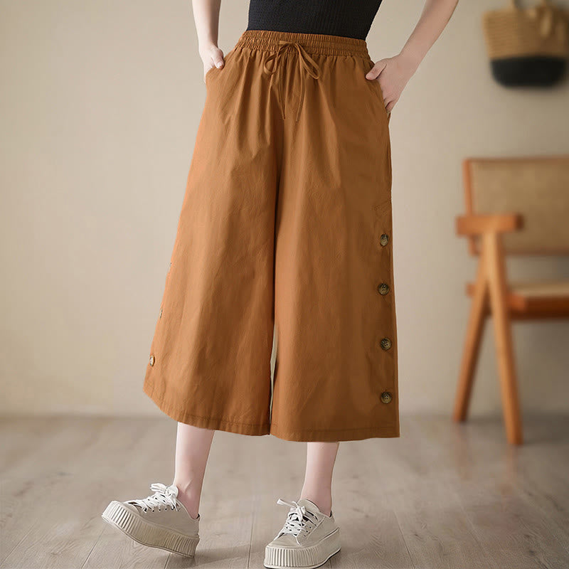 Nimara Ritual Plain Buttoned Side Design Capri Cropped Women's Wide Leg Pants With Pockets