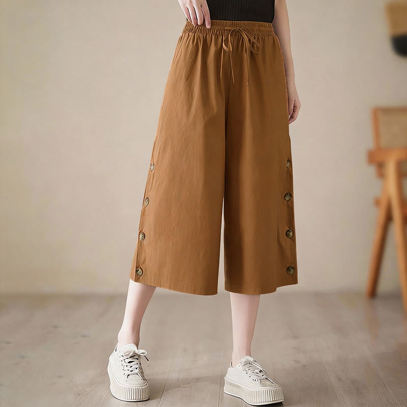 Nimara Ritual Plain Buttoned Side Design Capri Cropped Women's Wide Leg Pants With Pockets
