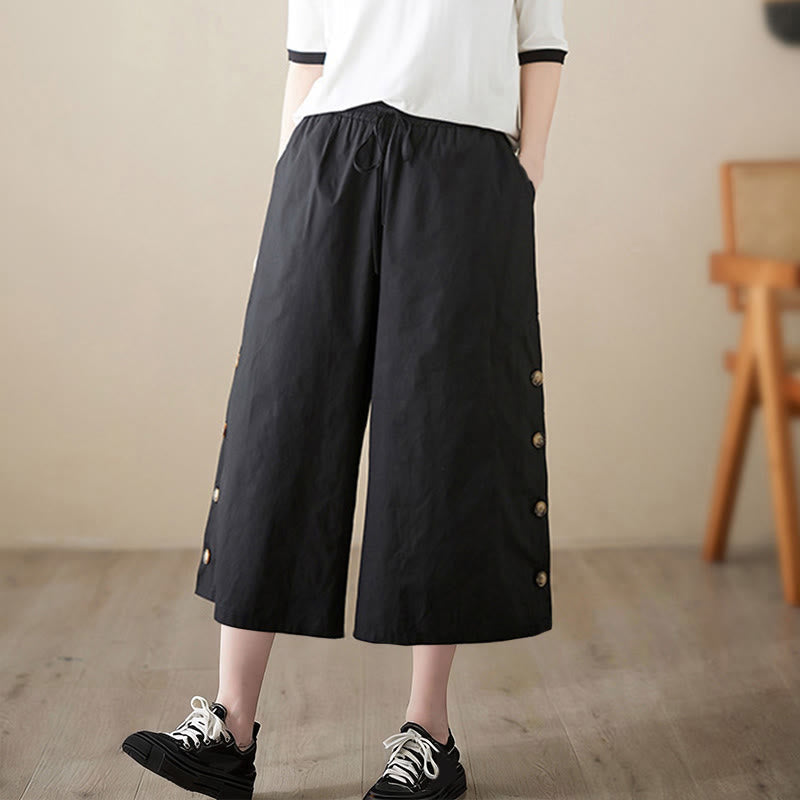 Nimara Ritual Plain Buttoned Side Design Capri Cropped Women's Wide Leg Pants With Pockets