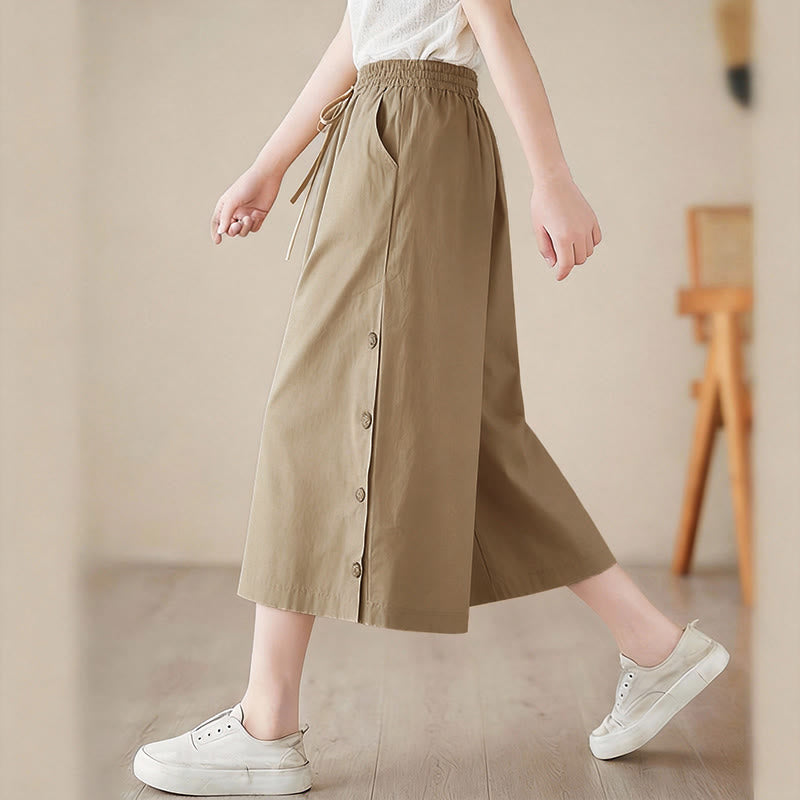 Nimara Ritual Plain Buttoned Side Design Capri Cropped Women's Wide Leg Pants With Pockets
