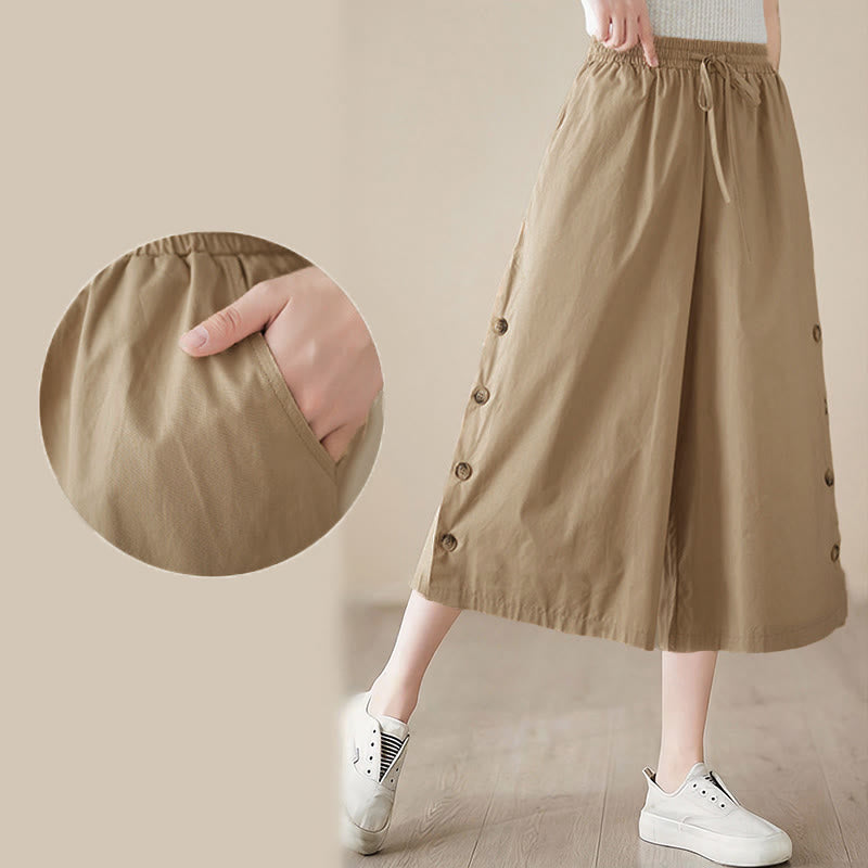 Nimara Ritual Plain Buttoned Side Design Capri Cropped Women's Wide Leg Pants With Pockets