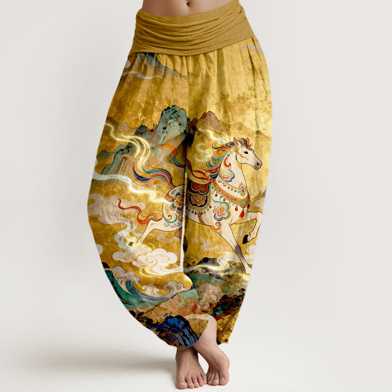 Nimara Ritual Cotton Gorgeous Mountain Horse Cloud Pattern Women's Elastic Waist Harem Pants
