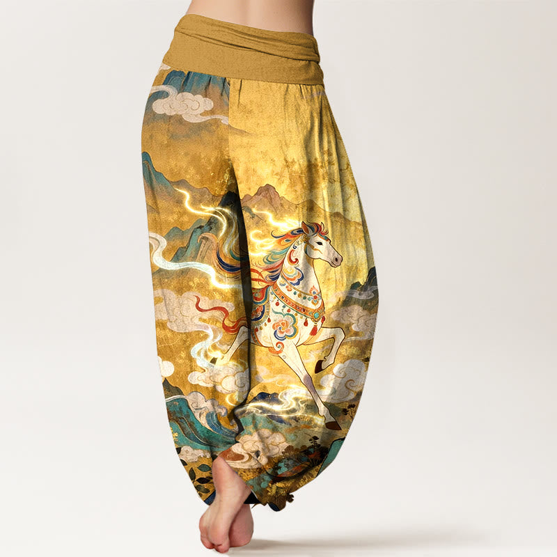 Nimara Ritual Cotton Gorgeous Mountain Horse Cloud Pattern Women's Elastic Waist Harem Pants
