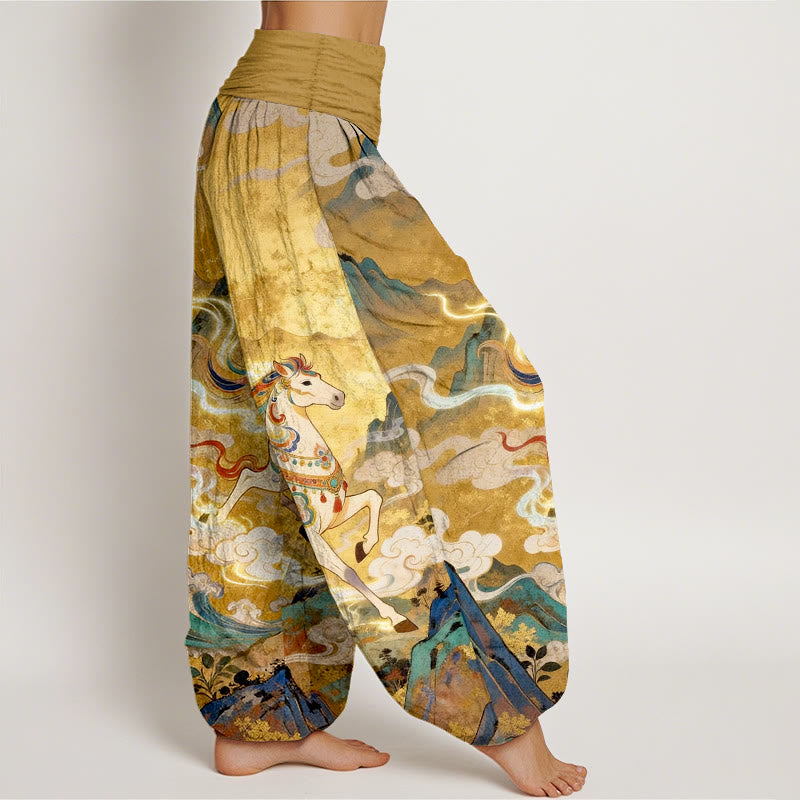 Nimara Ritual Cotton Gorgeous Mountain Horse Cloud Pattern Women's Elastic Waist Harem Pants