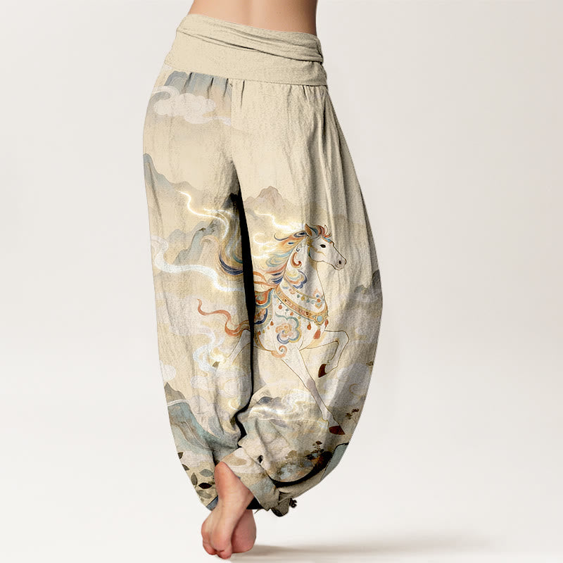Nimara Ritual Cotton Gorgeous Mountain Horse Cloud Pattern Women's Elastic Waist Harem Pants