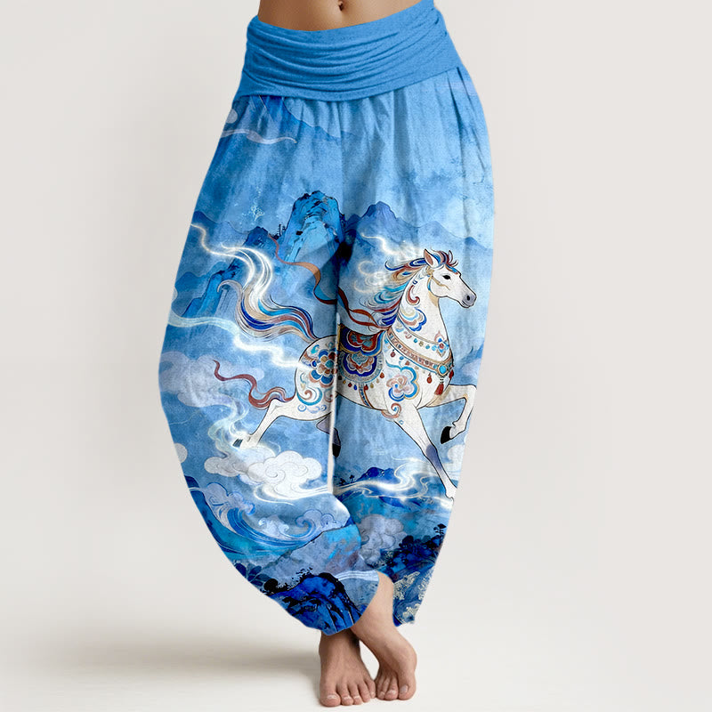 Nimara Ritual Cotton Gorgeous Mountain Horse Cloud Pattern Women's Elastic Waist Harem Pants