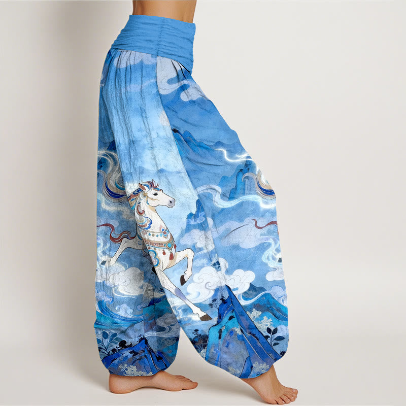 Nimara Ritual Cotton Gorgeous Mountain Horse Cloud Pattern Women's Elastic Waist Harem Pants