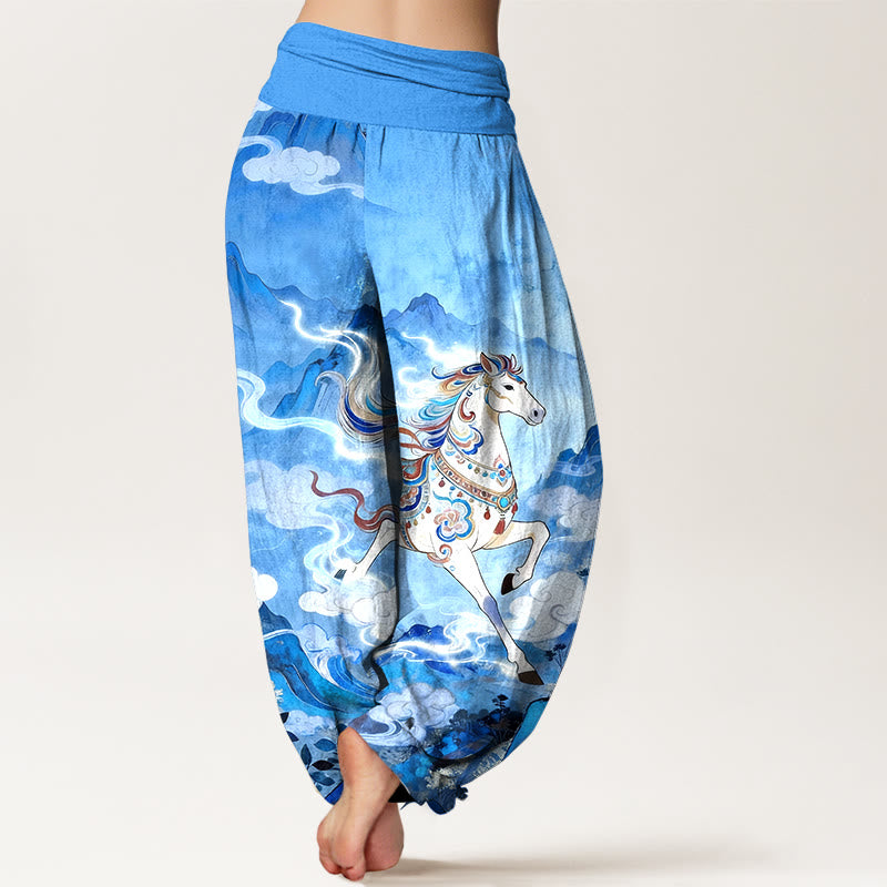 Nimara Ritual Cotton Gorgeous Mountain Horse Cloud Pattern Women's Elastic Waist Harem Pants