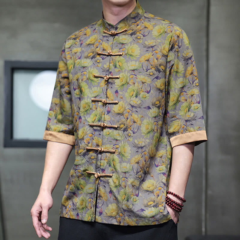 Nimara Ritual Summer Colorful Floral Leaves Pattern Short Sleeve Frog-button Design Men's Cotton Shirt