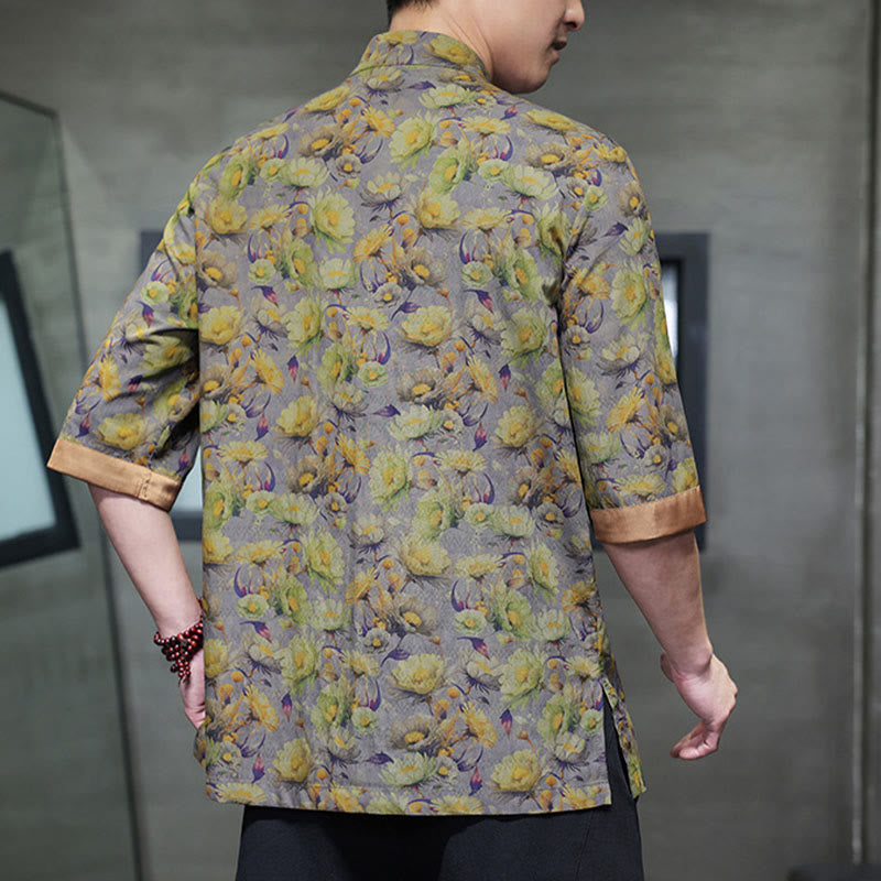 Nimara Ritual Summer Colorful Floral Leaves Pattern Short Sleeve Frog-button Design Men's Cotton Shirt