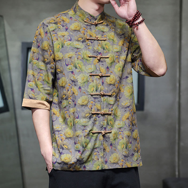 Nimara Ritual Summer Colorful Floral Leaves Pattern Short Sleeve Frog-button Design Men's Cotton Shirt