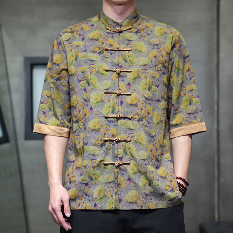 Nimara Ritual Summer Colorful Floral Leaves Pattern Short Sleeve Frog-button Design Men's Cotton Shirt