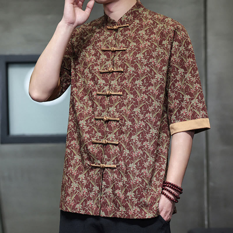 Nimara Ritual Summer Colorful Floral Leaves Pattern Short Sleeve Frog-button Design Men's Cotton Shirt
