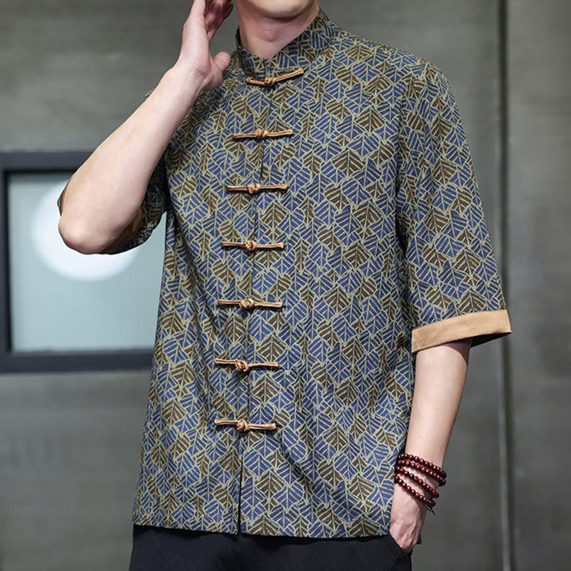 Nimara Ritual Summer Colorful Floral Leaves Pattern Short Sleeve Frog-button Design Men's Cotton Shirt