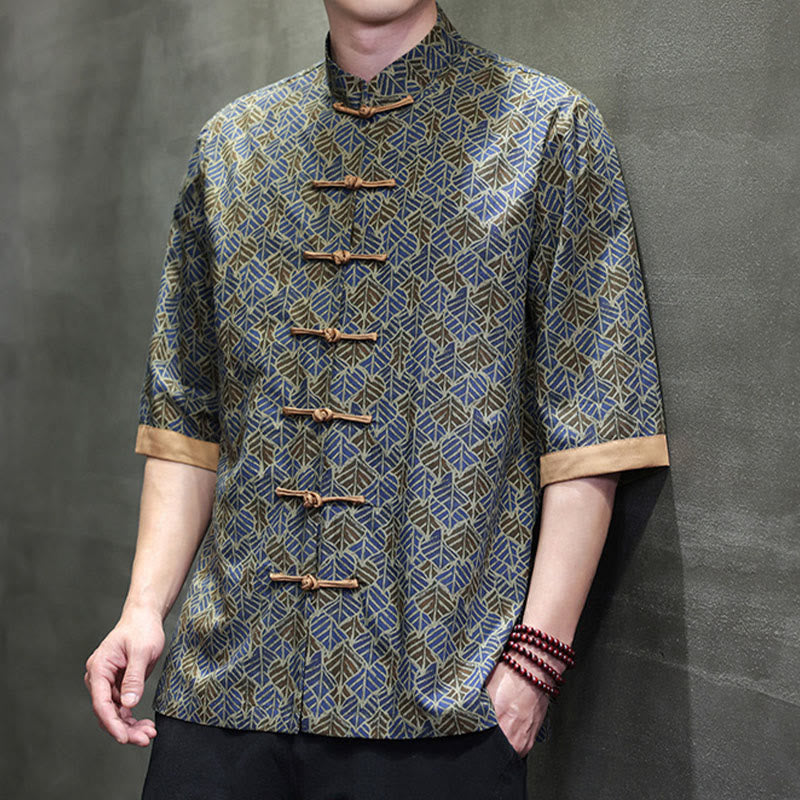 Nimara Ritual Summer Colorful Floral Leaves Pattern Short Sleeve Frog-button Design Men's Cotton Shirt
